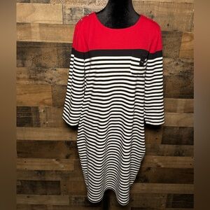 Karen Scott Sport Red Black White Striped Nautical Dress 3/4 Large L AB 565